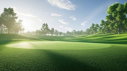 Vibrant golf course with lush rolling hills, blue sky, and perfect fairway. Ideal for sports, outdoor recreation, and golfing.