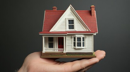 Realistic miniature of a Victorian-style home with red roof, held in a hand. Perfect for real estate, investments, and home buying.