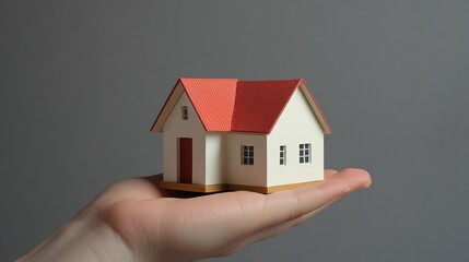 Conceptual image of a miniature house with a red roof resting in a hand. Real estate, home ownership, and mortgage concept.