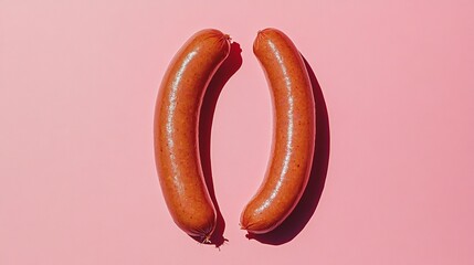 Two glossy sausages placed symmetrically on a pastel pink background. Conceptual food photography with bold colors and minimalism.