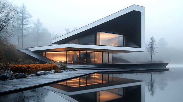 House with a monochrome black and white design sharp angles and a reflective surface set in a foggy landscape ultra modern 32k full ultra HD high resolution