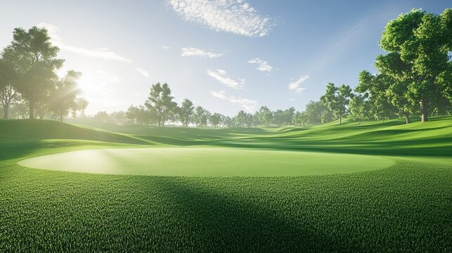 Vibrant golf course with lush rolling hills, blue sky, and perfect fairway. Ideal for sports, outdoor recreation, and golfing.