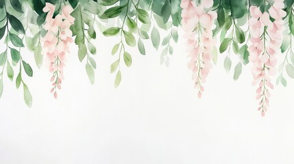 Watercolor painting of pink flowers and green leaves, a serene botanical artwork