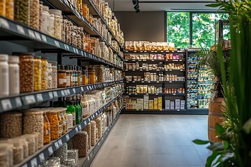 Fototapeta premium Groceries lined up on shelves in bright market