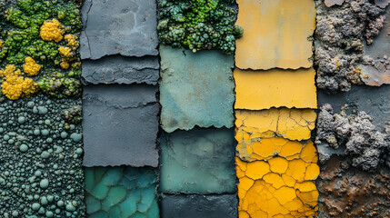 Colorful, textured tiles with moss and lichen