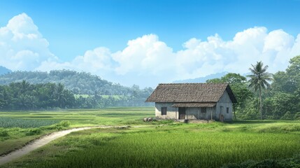 Obraz premium Charming small house in a serene field, picturesque rural landscape discover