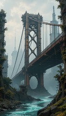 Obraz premium Futuristic Cityscape Overgrown Bridge and River in a Post Apocalyptic Setting