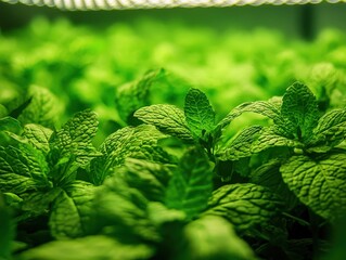 A high-tech peppermint farm illuminated with LED grow lights, blending natural and synthetic elements