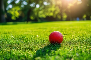 Kickball Red Ball on Green Grass in Sunny Park. Summer Fun Competition