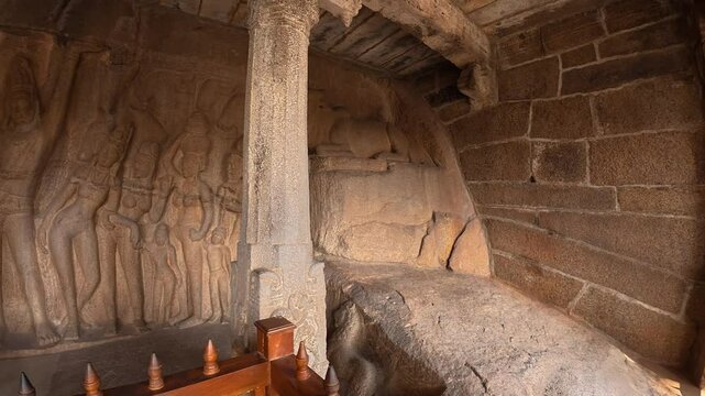 UHD 4K / 60 FPS Video - Exclusive Monolithic Rock Carved- Krishna Mandapam is UNESCO's Worlds most Heritage & ancient Site located at Mamallapuram or Mahabalipuram in Tamil Nadu, South India. 