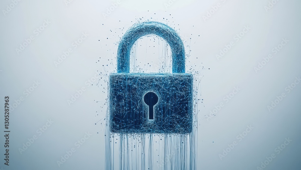 Poster digital abstract lock design with particles representing security and privacy in a modern tech envir