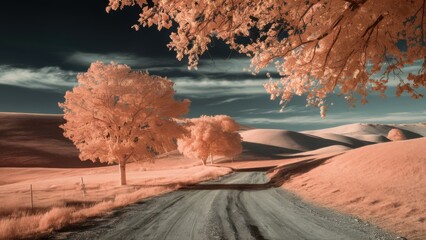 Hills, a deserted dirt road and a few lonely trees in the rays of the setting sun.