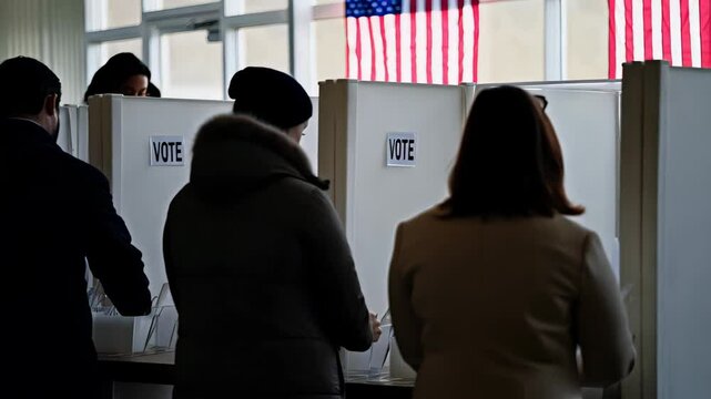 American citizens filling out their ballots in voting booths, performing their civic duty during elections, with the american flag displayed prominently
