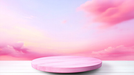 A 3d rendering landscape model of a pink sandbox with a circle display platform on the floor and cloudy sky like heaven background