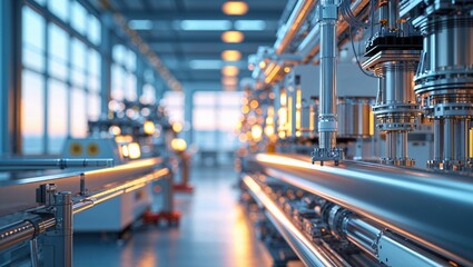 Fototapeta premium Industrial manufacturing setup with modern machinery and bright lighting during evening hours