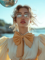 A young woman in an ethereal cream-colored gown with a large bow and transparent sunglasses poses under a shimmering disco ball. Romantic and vintage-inspired fashion with a whimsical touch.