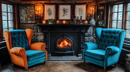 Naklejka premium Cozy wingback chairs by fireplace in rustic lodge