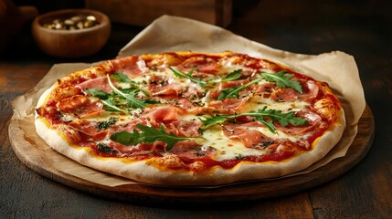 Freshly Baked Pizza with Ham, Cheese, and Arugula on Wooden Board