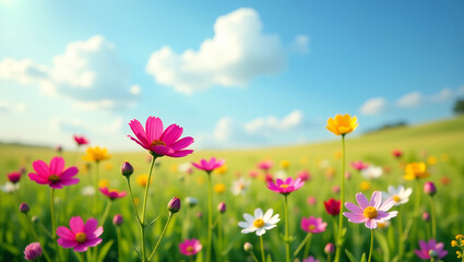 Fototapeta premium A field of wildflowers in full bloom, with a clear blue sky in the background, representing the beauty of summer landscapes.