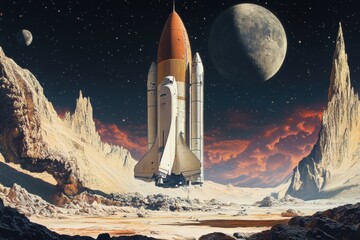 Naklejka premium Rocket Launch in a Cosmic Landscape