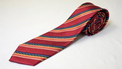 Obraz premium Red, Navy, and Gold Striped Necktie on White Background