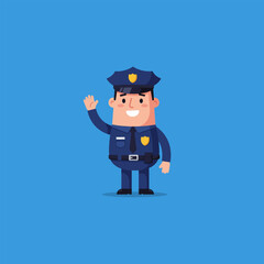 Cartoon Officer Waving Friendly Greeting Against a Solid Blue Background