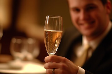 Groom smiling with champagne in hand celebrates special occasion. Concept features groom smiling with champagne in hand, embodying joy and elegance in memorable moment