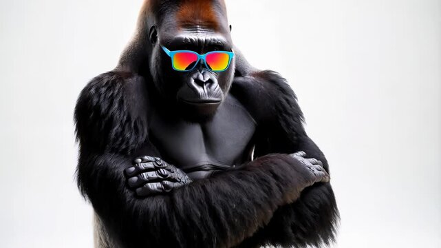 Powerful silverback gorilla wearing vibrant rainbow sunglasses, crossing muscular arms with confident, charismatic expressions against clean white studio background