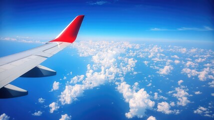 Aerial View from Airplane Wing Over Vibrant Blue Ocean and Fluffy White Clouds Under Bright Sunny Sky Captured in Flight