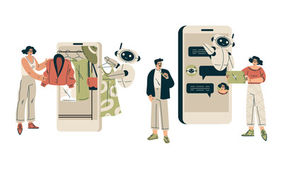 Artificial Intelligence Technology with People Character Interacting with Smart Bot Vector Set