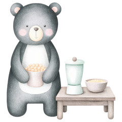 Bear chef, bear blending chickpeas in cozy kitchen setting, showcasing culinary fun