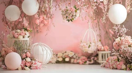 Pink Floral Backdrop for Photoshoot: Elegant, Romantic Setting with Balloons and Flowers