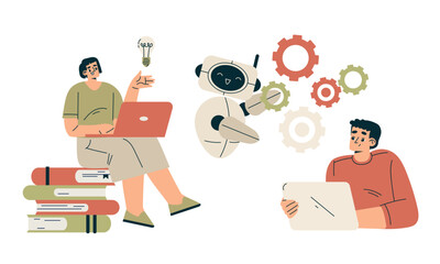 Artificial Intelligence Technology with People Character Interacting with Smart Bot Vector Set