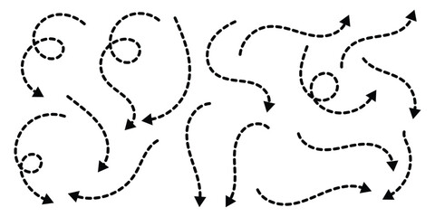 Black dotted thin arrows set. Wavy and curved dashed pointers collection. Wiggly sketchy direction lines. Hand drawn line dashed arrows. Vector illustration.