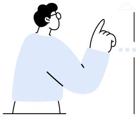 Man with glasses in blue sweater pointing at interface options or ideas. Ideal for decision-making, creativity, innovation, brainstorming, technology, communication, flat simple metaphor