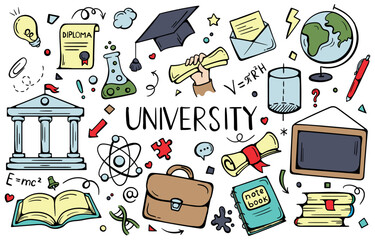 University. Bright vector set of icons, signs and symbols of learning, school, college, education. Simple hand-drawn elements for stickers, prints, banner, design