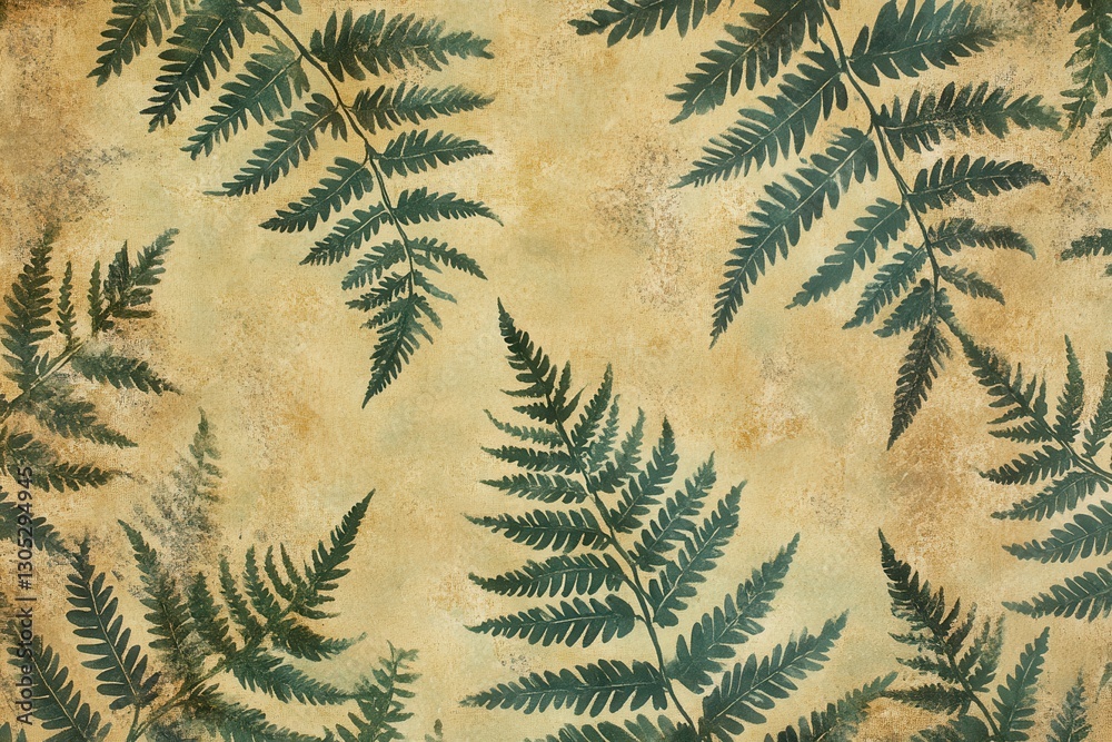 Poster decorative botanical pattern featuring green ferns on an aged yellow background