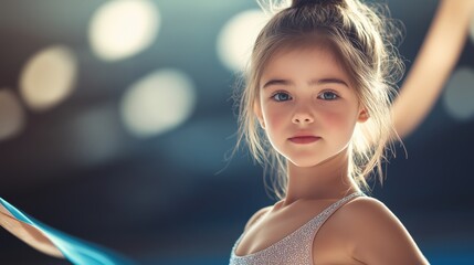 Young rhythmic gymnast in sparkling leotard with ribbon in soft light