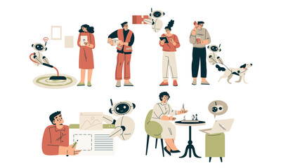 Artificial Intelligence Technology with People Character Interacting with Smart Bot Vector Set