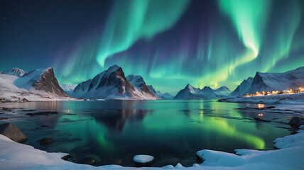 Naklejka premium Northern Lights over the sea, snowy mountains at starry winter night. Aurora borealis in Lofoten islands, Norway. Sky with polar lights. Landscape with aurora, beach, sky, reflection in water. Space 
