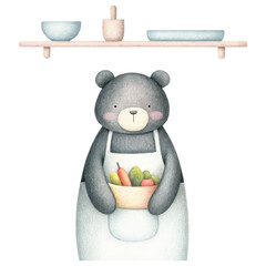 Bear chef, cute bear chef holding bowl of vegetables in cozy kitchen setting