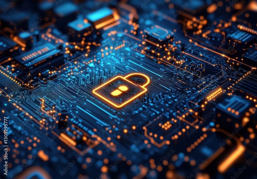 Poster digital security concept with padlock symbol over circuit board, representing cybersecurity and data