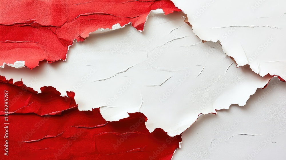 Poster abstract torn paper background featuring striking red and white layers with textured surface for cre