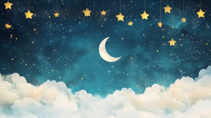 Dreamy Night Sky: Celestial Cloudscape with Crescent Moon and Golden Stars