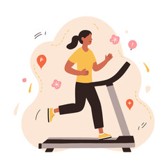 Woman running on treadmill in colorful fitness background