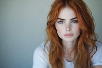 Fototapeta premium a young, beautiful woman with long, red hair wearing a white t-shirt,