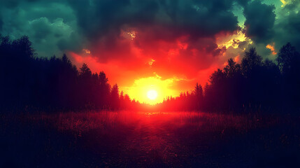 Naklejka premium Dramatic sunset over a forest