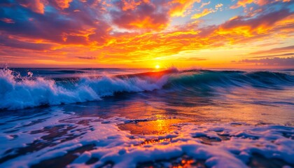 A mesmerizing seascape at sunset, with waves crashing under a vibrant sky. The scene captures the beauty and power of nature.