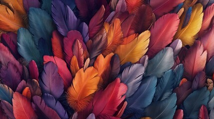 A stunning close-up of a colorful arrangement of bird feathers, showcasing an array of vibrant hues in a natural, artistic pattern that celebrates the beauty of nature