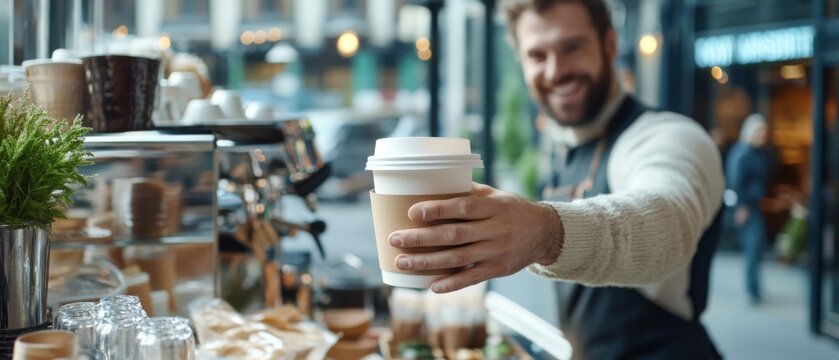 A smiling barista hands a customer a takeaway coffee cup, embodying a cheerful exchange in a friendly café setting.